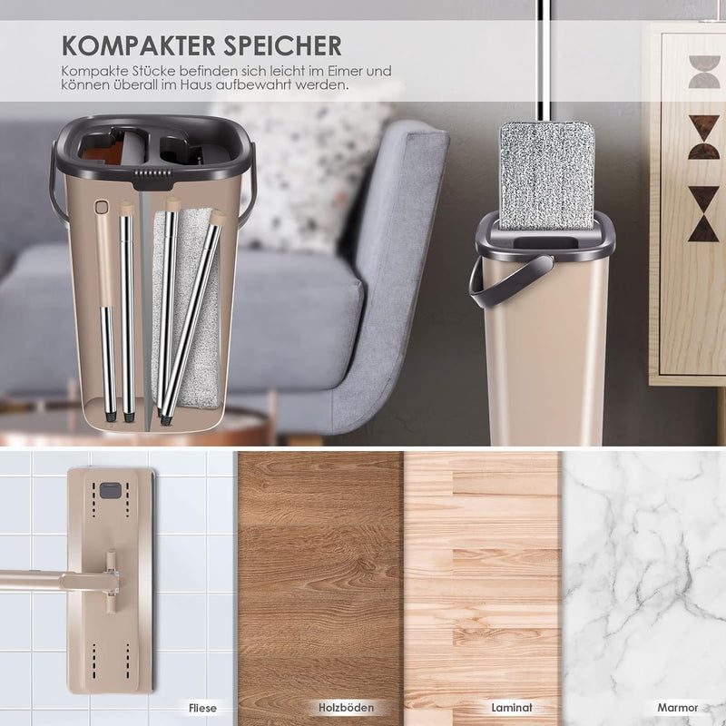 Myiosus Wischmopp Set mit Eimer, Putzeimer mit Wischmop, Bodenwischer mit Auswringfunktion, 6 Mikrof