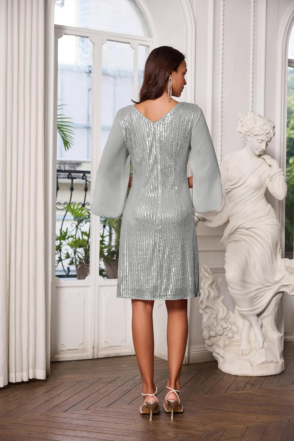 GRACE KARIN Damen Pailletten Kleid 3/4 Ärmel Party Cocktailkleid Club Glitzer Kleid Vintage MidiKlei