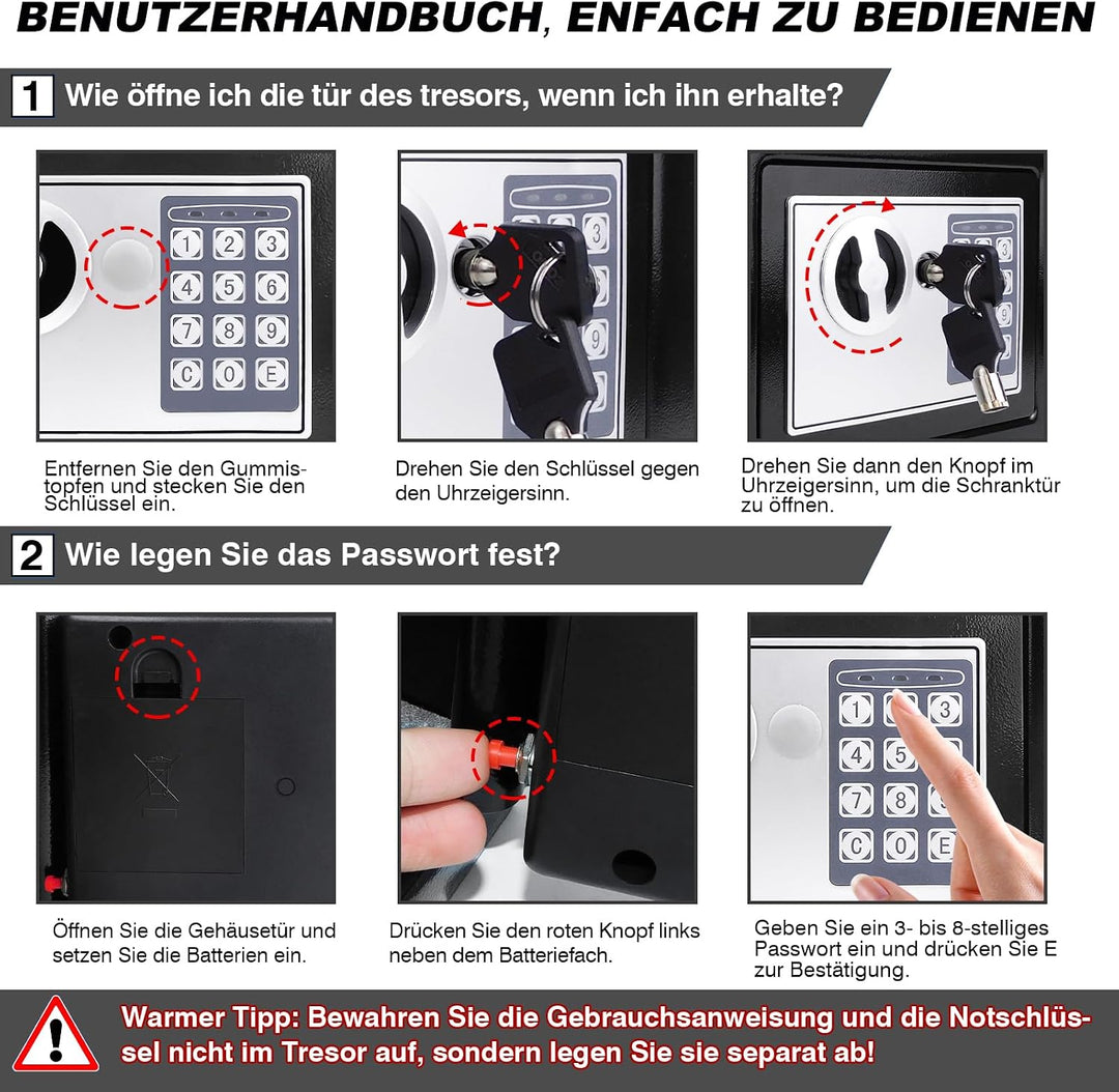 Tresor - Klein 31x20x20cm - Feuerfestes Safe mit Zahlenschloss &amp; 2×Notschlüssel - Digitaler Elektron