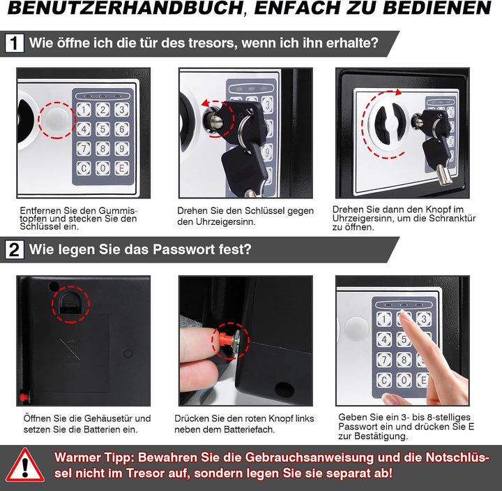Tresor - Klein 31x20x20cm - Feuerfestes Safe mit Zahlenschloss &amp; 2×Notschlüssel - Digitaler Elektron