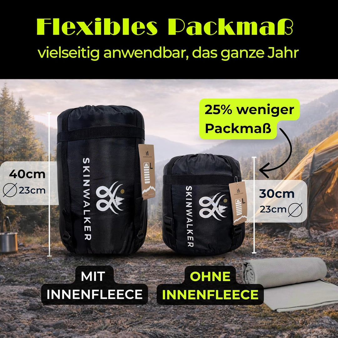 SkinWalker Schlafsack [Kleine Grösse bis 1,70m Körpergrösse] 3-4 Jahreszeiten mit abnehmbaren Fleece