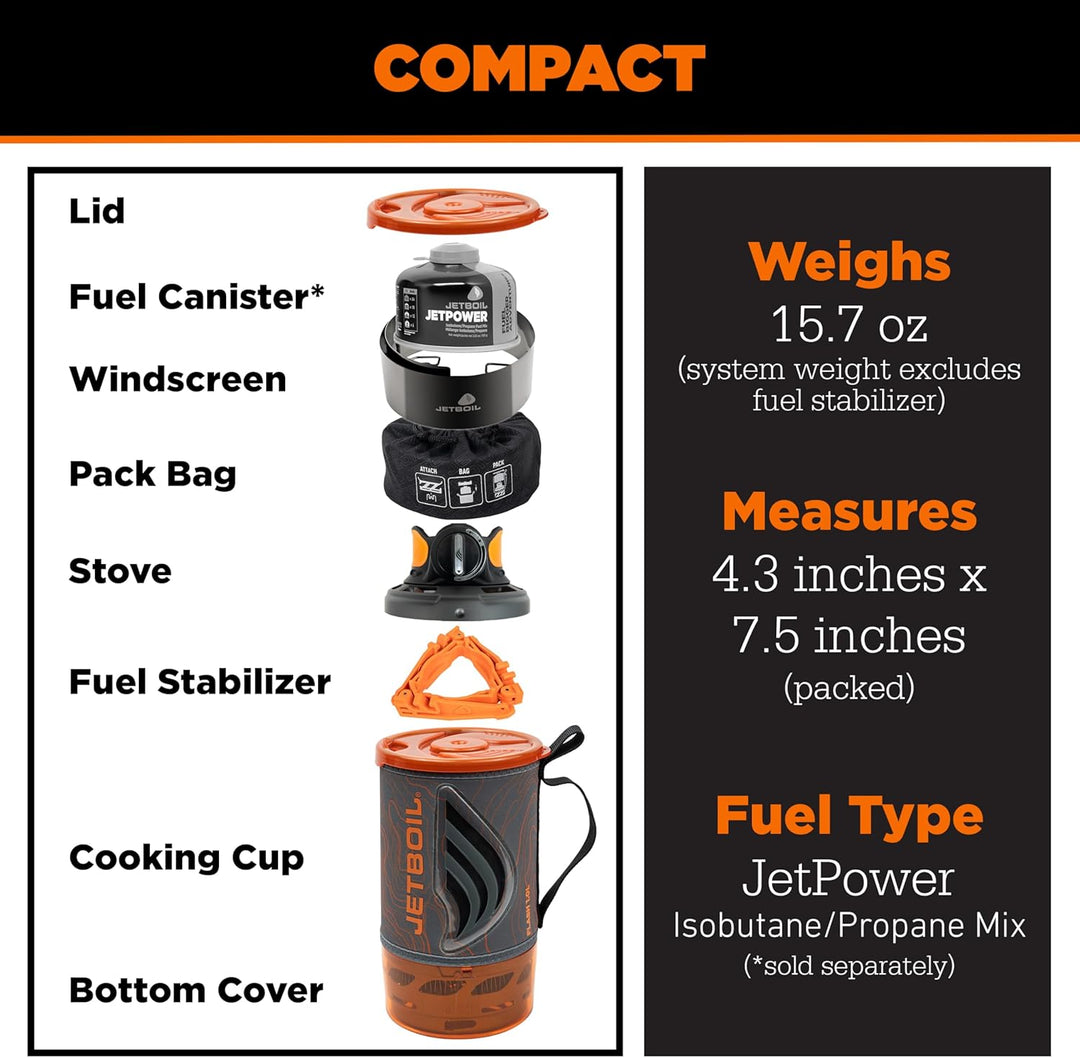 Jetboil Flash 1.0L Tragbarer Schnellkochkocher mit Windschutz für Camping und Rucksackreisen, 1-stuf