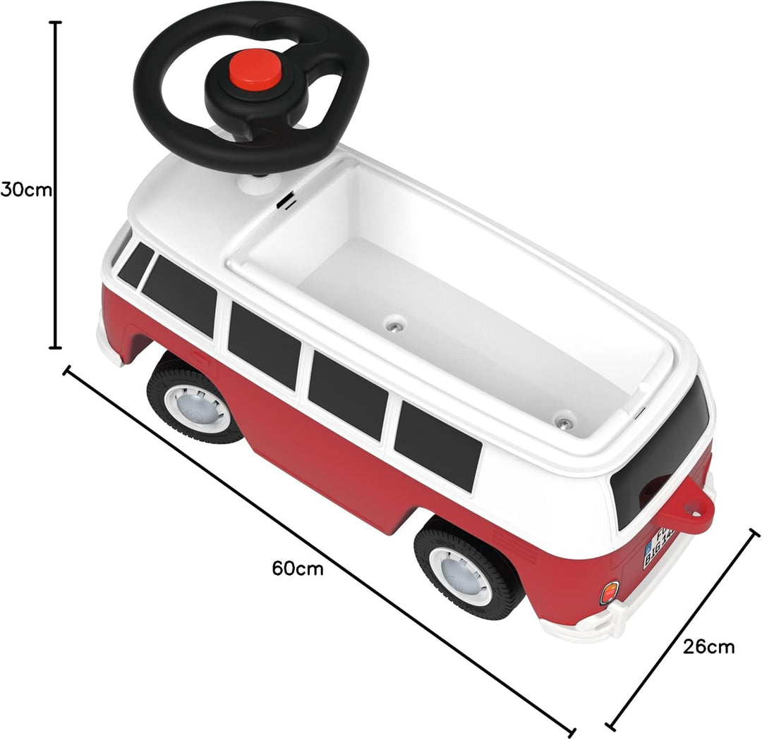 BIG – Bobby Car Baby VW T1 (rot-weiss) - Kinderfahrzeug mit Flüsterreifen, Hupe & Anhängerkupplung -