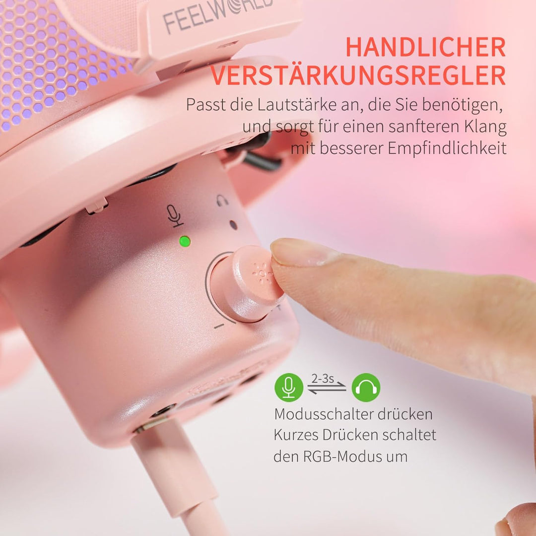 FEELWORLD VM1 USB-Gaming-Mikrofon für die Aufnahme von Podcasts,Pink Formfaktor,Studio PC Mikrofon m