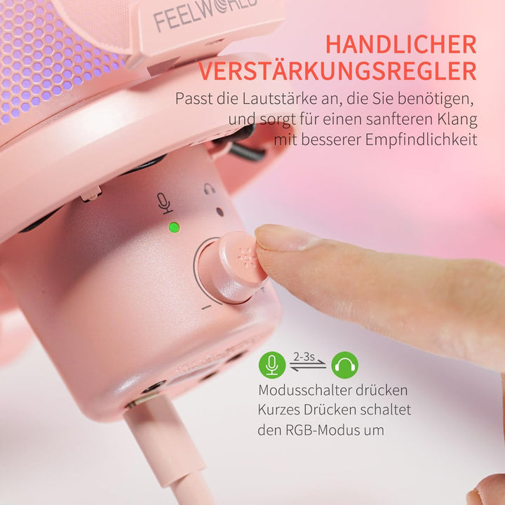 FEELWORLD VM1 USB-Gaming-Mikrofon für die Aufnahme von Podcasts,Pink Formfaktor,Studio PC Mikrofon m