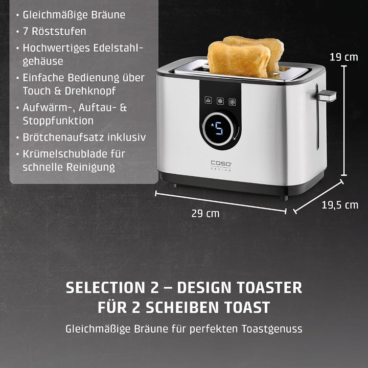 CASO Selection T 2 - Design Toaster, Edelstahlgehäuse, Optimale Röstgradeinstellung auf 7 Stufen, In