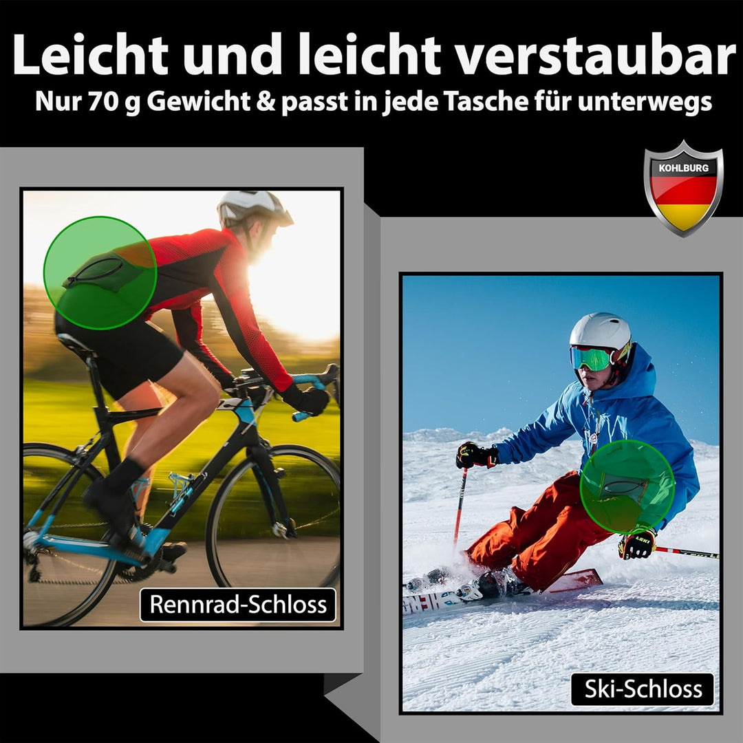 KOHLBURG extrem leichtes Zahlenschloss - 70g leicht mit Zahlencode - 50cm Fahrradschloss klein und s