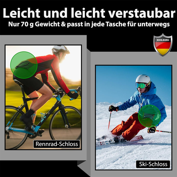 KOHLBURG extrem leichtes Zahlenschloss - 70g leicht mit Zahlencode - 50cm Fahrradschloss klein und s