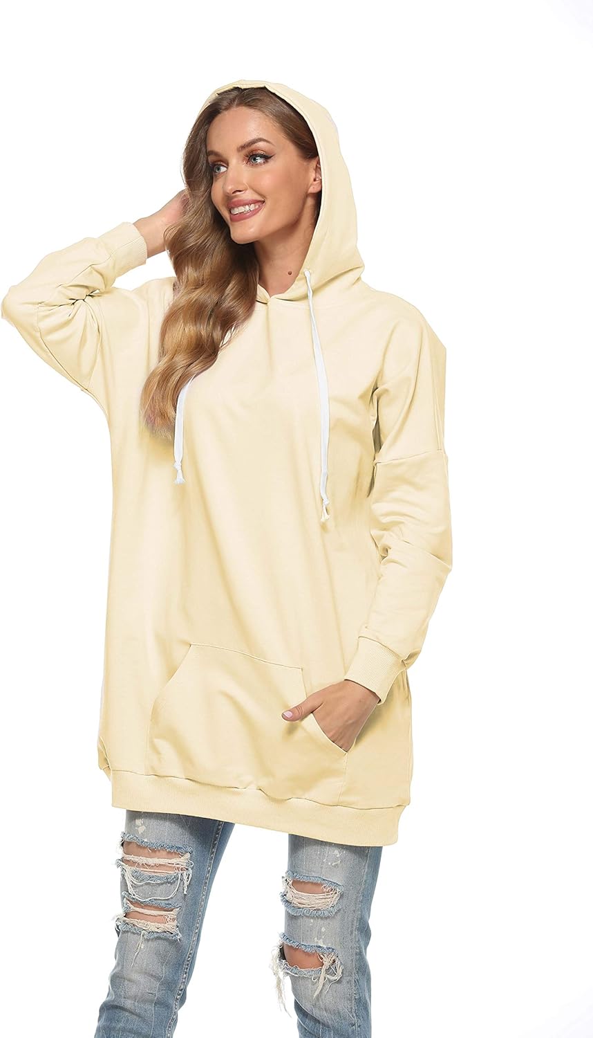 Famulily Damen Oversized Hoodie Kleid Baumwolle Lang Sweatshirt mit Kapuze Einfarbige Kapuzenpullove