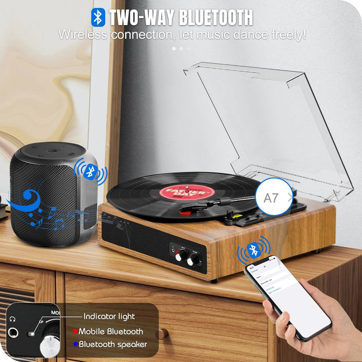 Plattenspieler, FYDEE Vinyl Plattenspieler mit Eingebauten Stereo-Lautsprechern, 3 Geschwindigkeiten