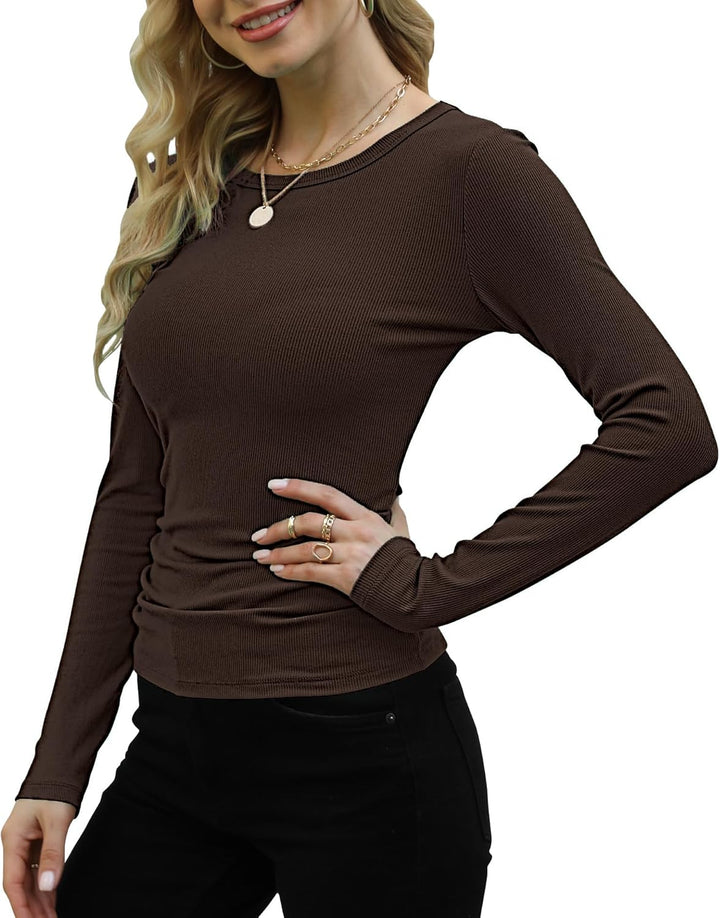 Langarmshirt Damen Rundhal Pullover Elegant Langarm Oberteile Rippshirt Tshirts Basic Tops Braun XS,