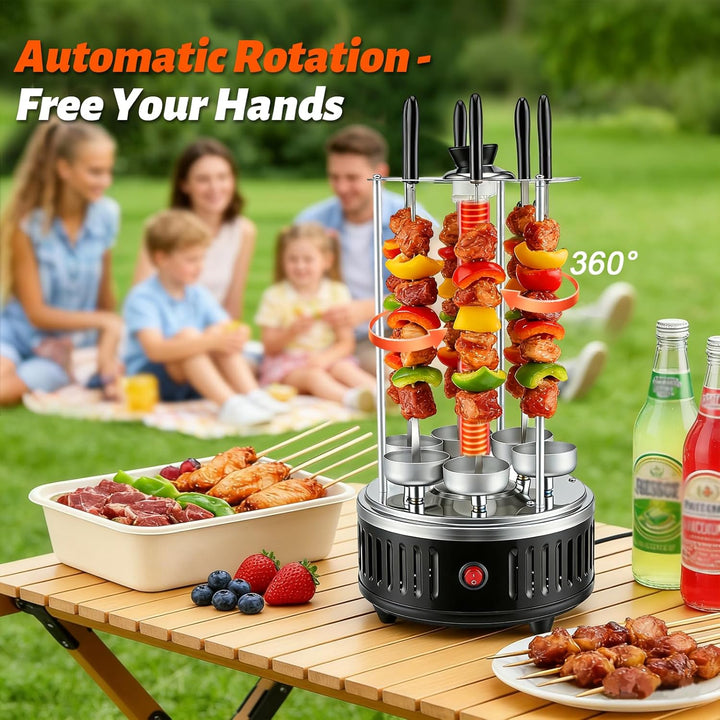 Elektrischer BBQ Tischgrill Vertikalgrill aus Edelstahl, Schaschlikgrill mit 12 Spiessen und 2 Glasr