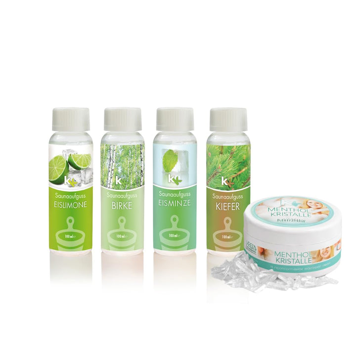 Sauna Set | KK Saunaaufgussset 4 x 100 ml + 50g Mentholkristalle | Saunakonzentrat + Menthol-Kristal
