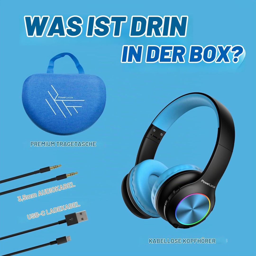 Kinderkopfhörer Bluetooth, PowerLocus Kinder Kopfhörer Kabellos mit LED-Leuchten 74/85/94dB Lautstär