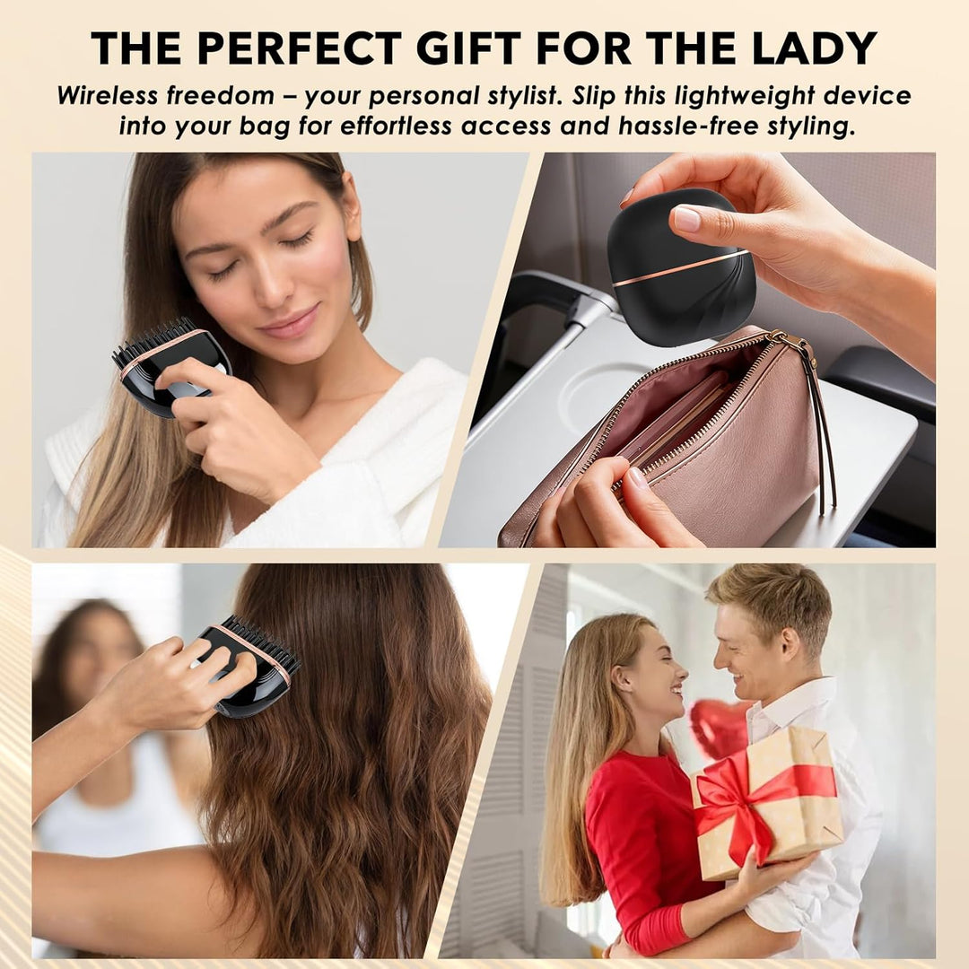 Mini Glätteisen Kabellos und Glättbürste mit 3 Temperaturstufen, Tragbare 2-in-1 Straightener Haargl