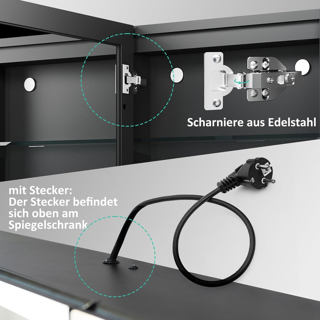 Boromal Spiegelschrank Bad mit Beleuchtung LED Spiegelschrank mit Beleuchtung Schwarz Metall Badezim