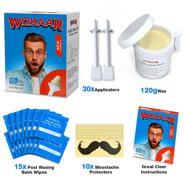 Wokaar Nasenwachsset für Männer, 120 g, hypoallergenes Wachs, 30 Applikatoren, Nasen- und Ohrenhaarw