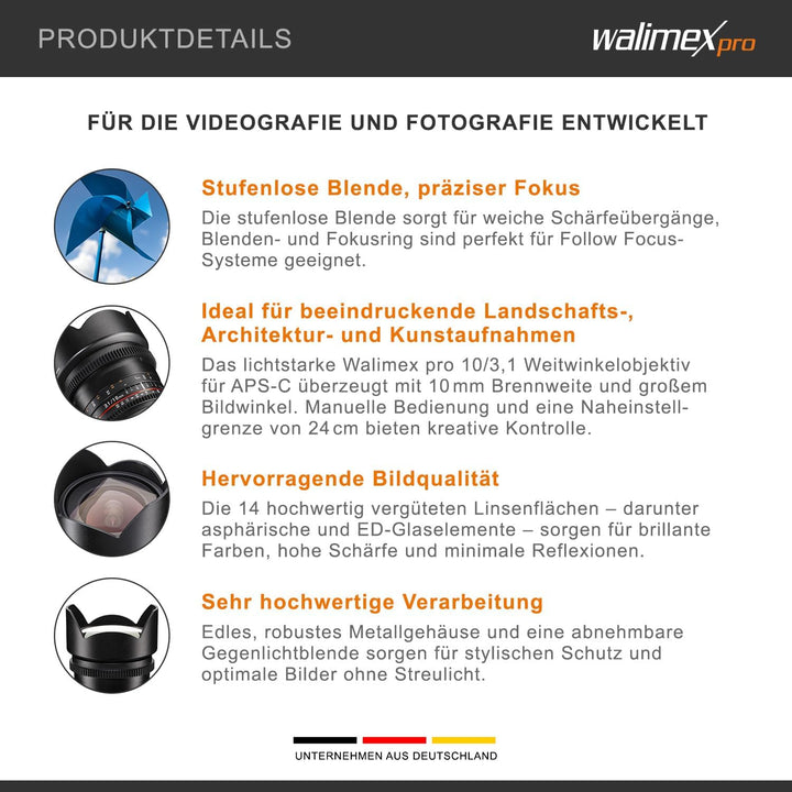 Walimex Pro 10mm 1:3,1 VCSC-Weitwinkelobjektiv für Canon EF-S Objektivbajonett schwarz (manueller Fo