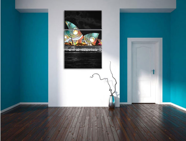 Pixxprint beeindruckende Sydney Opera House Pfauenaugen schwarz/weiss 3-Teiler Leinwandbild 120x80 B