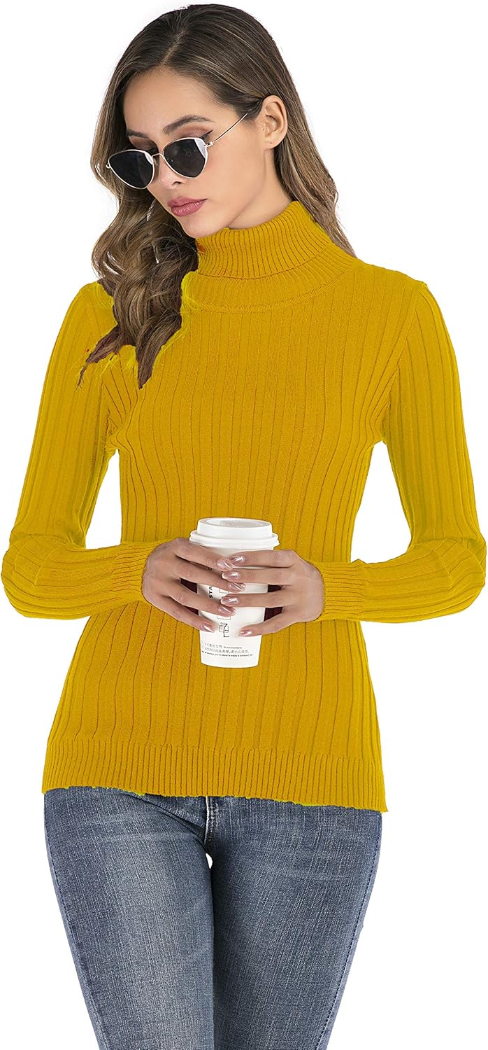 Enjoyoself Damen Strickpullover Gerippter Rollkragenpullover Feinstrick Elegant Langarm Strickpulli
