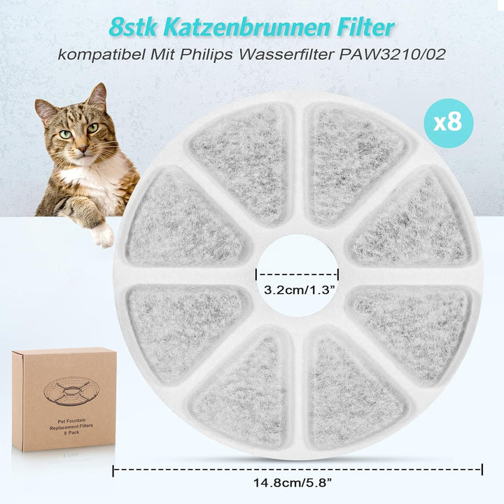 8stk Trinkbrunnen Filter für Philips Katzenbrunnen PAW3210/02, Aktivkohle Katzenfilter, Effizient Ka