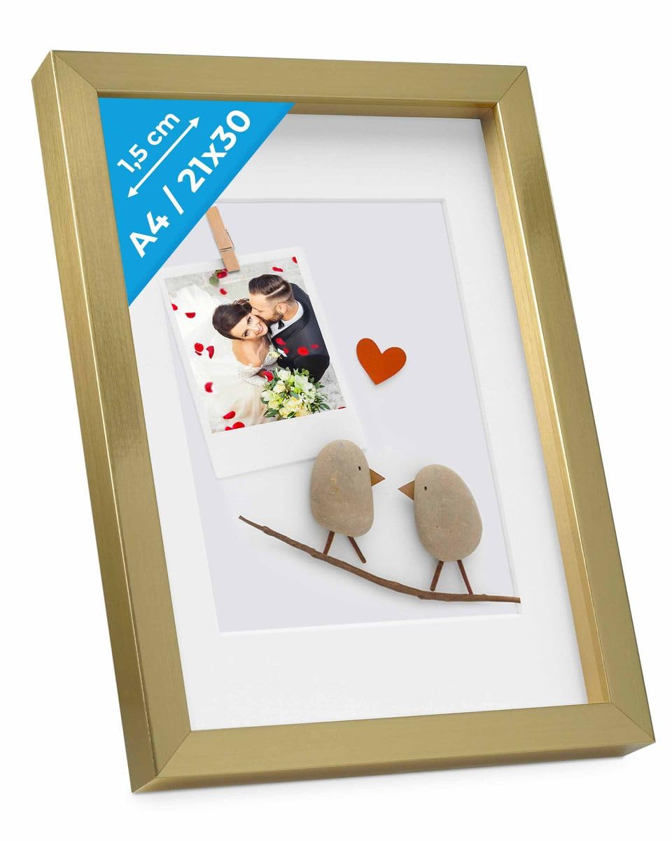 PHOTOLINI 3D Bilderrahmen zum Befüllen 21x30 A4 Gold, 1,5 cm tiefer Objektrahmen mit Glas, tiefer Bi