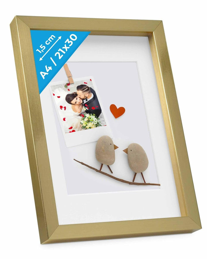 PHOTOLINI 3D Bilderrahmen zum Befüllen 21x30 A4 Gold, 1,5 cm tiefer Objektrahmen mit Glas, tiefer Bi