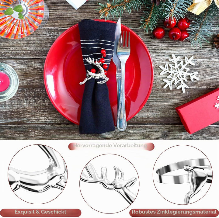 ZeeDix 12 Stück Silber Serviettenringe Hirsch - Serviettenringen für die Festtafel, Weihnachtsdeko,