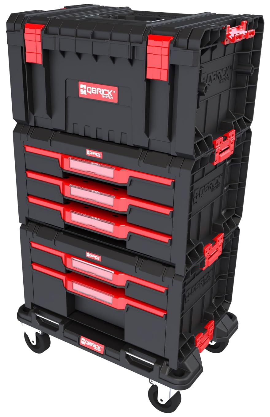 QBRICK - Werkzeugtrolley mit Werkzeugkasten Leer und Schubladen - 3er-Set - Werkstattwagen Leer mit