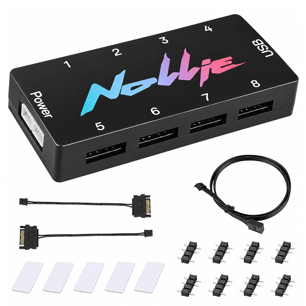 ARGB Controller, ZMCVOE 8-Port RGB Controller PC mit 2 SATA Kabel, 5V 3PIN PC-Beleuchtungs-Hub, ARGB