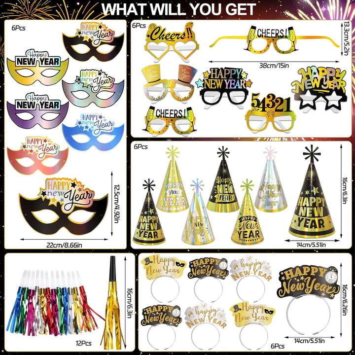 DPKOW Silvester Deko, Silvester Partyhüte Haarreif Partybrille Set Schwarz Gold Silber Farbe, Schwar