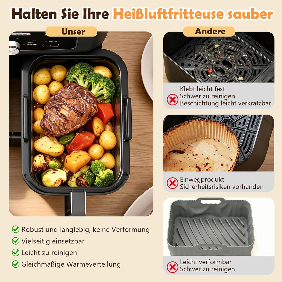 2 Stück Glas Auflaufform Airfryer, BPA-frei Glasform für Airfryer mit Deckel, Abnehmbaren Silikongri