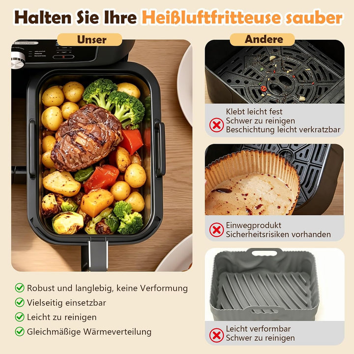 2 Stück Glas Auflaufform Airfryer, BPA-frei Glasform für Airfryer mit Deckel, Abnehmbaren Silikongri