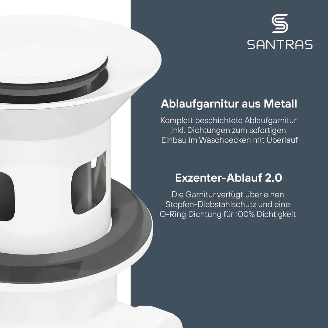 SANTRAS® Exzenter Ablaufgarnitur PREMIUM für Waschtisch mit Schutz vor Überlauf in Weiss – Komplette