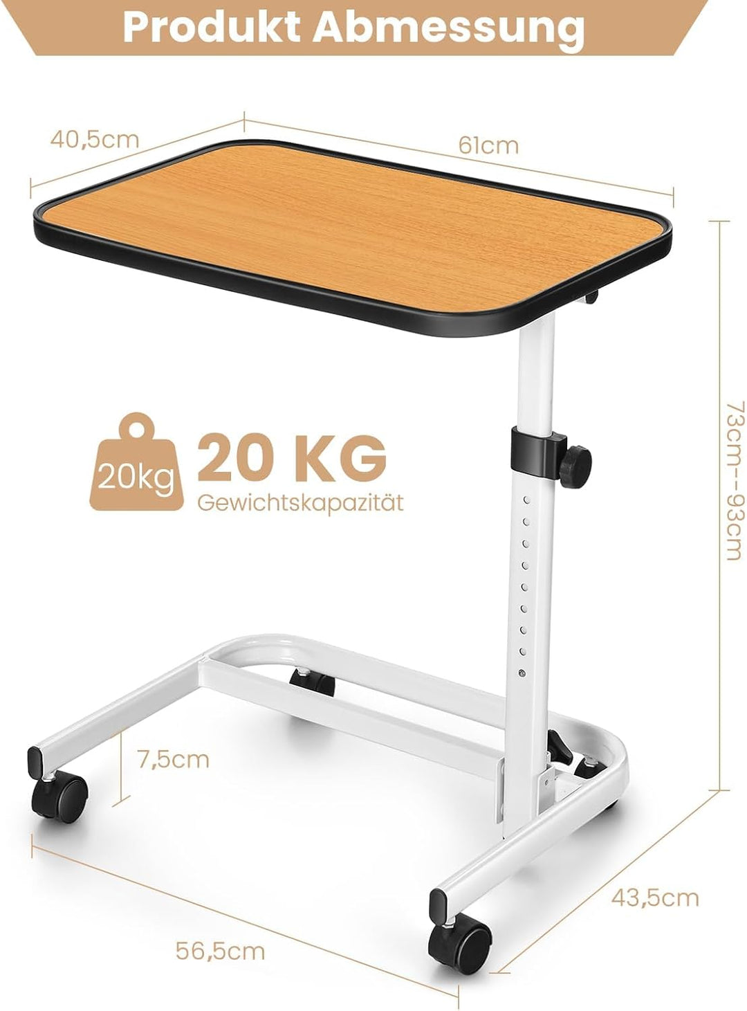 FANTASK höhenverstellbarer Pflegetisch, 60,5 x 40 x 73-93 cm des Pflegetisches, Krankentisch mit in