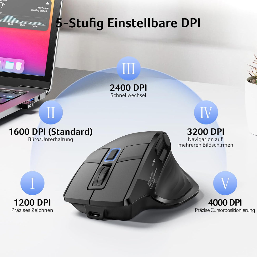 acer Maus Kabellos Tri-Mode, Bluetooth Maus 4000 DPI für 4 Geräte (2,4 G+BT 5.2+Kabel), Ergonomische