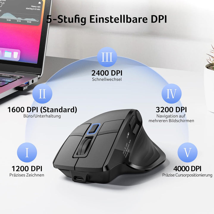 acer Maus Kabellos Tri-Mode, Bluetooth Maus 4000 DPI für 4 Geräte (2,4 G+BT 5.2+Kabel), Ergonomische
