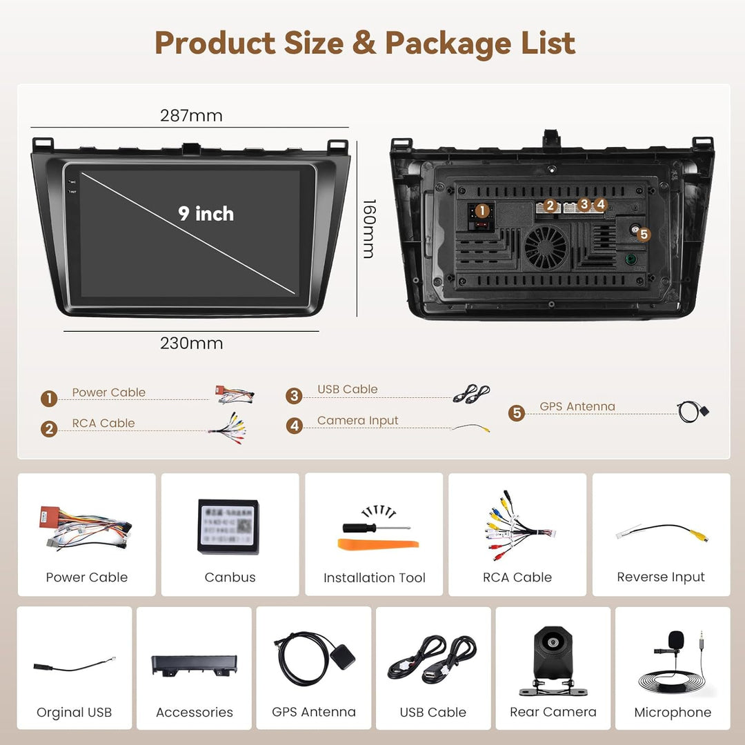 Hikity Android 15 4+128G Autoradio für Mazda 6 2007-2012 mit 9 Zoll Incell Touchscreen, Autoradio 2D