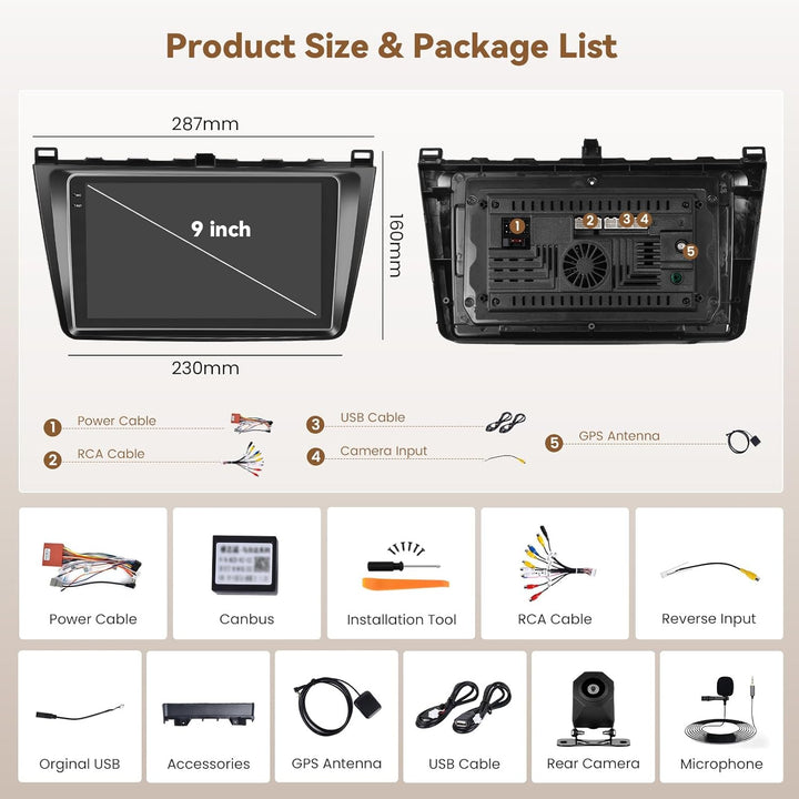 Hikity Android 15 4+128G Autoradio für Mazda 6 2007-2012 mit 9 Zoll Incell Touchscreen, Autoradio 2D