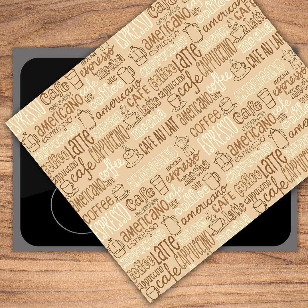 SmartDecoration Herdabdeckplatte Ceranfeldabdeckung aus Glas 60x52 cm Einteilig Motiv "Kaffee" Beige