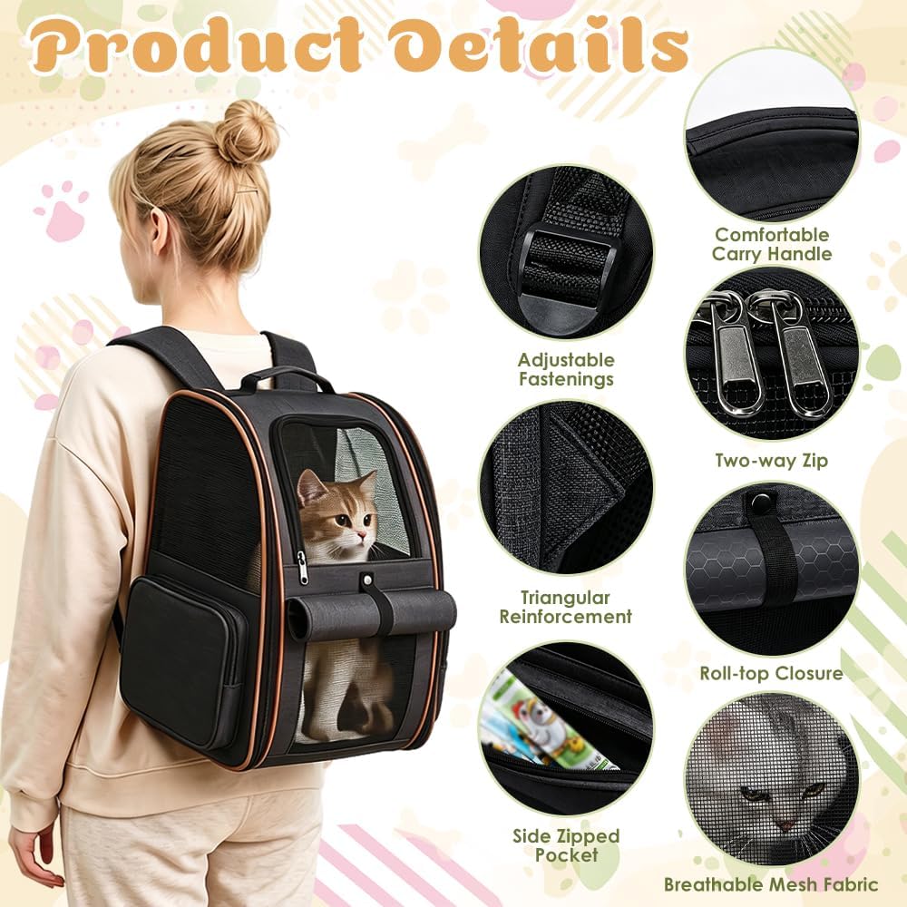 Erweiterbar Katzenrucksack Hunderucksack für Katzen Hunde bis 7kg, Schwarz | Katzentransporttasche m