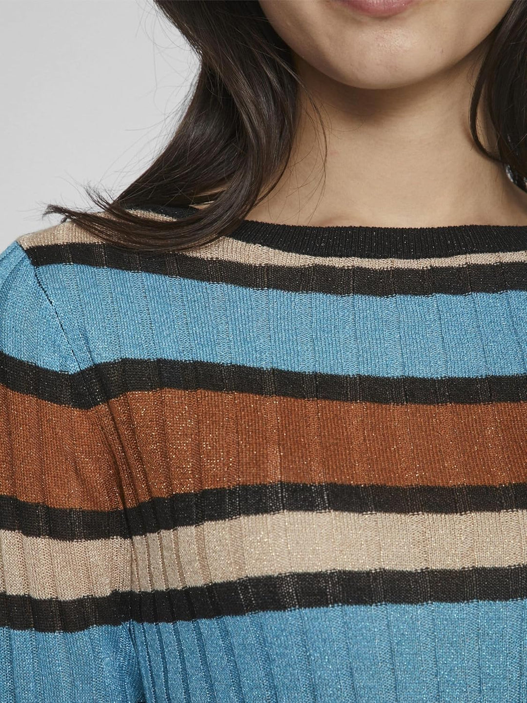 Vila Damen Viember New L/S Glitter Knit Top/Su Langarmshirt L Tahitian Teal/Stripes:doeskin/Caramel