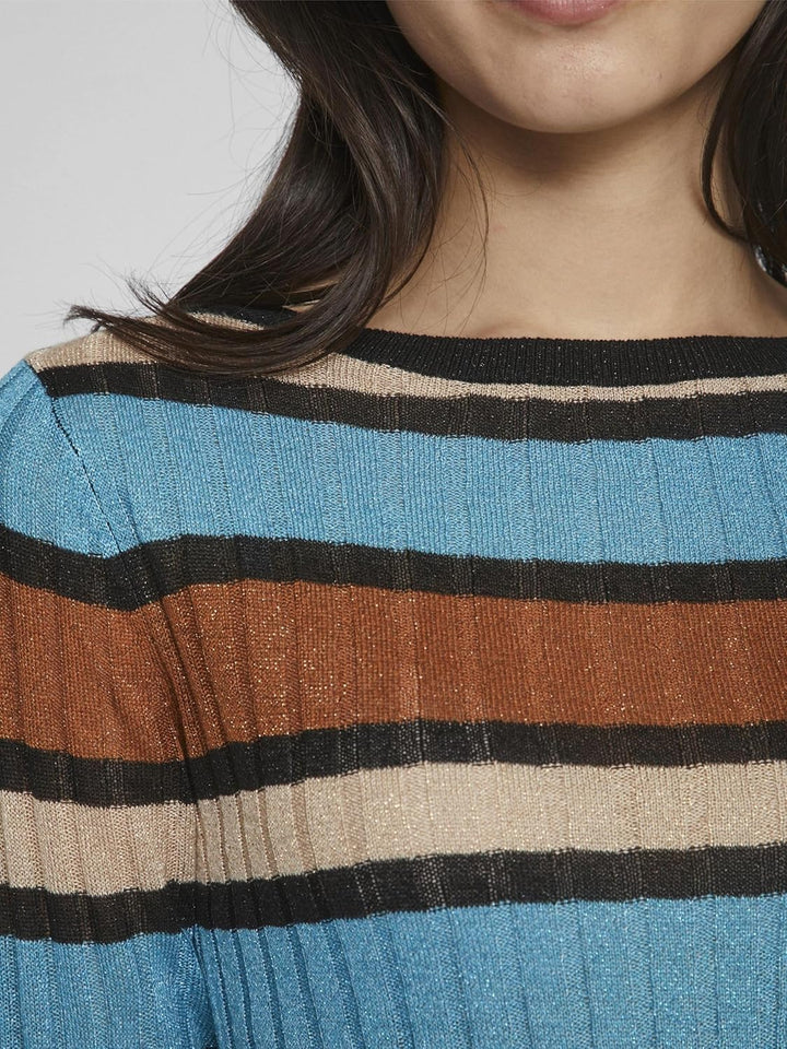 Vila Damen Viember New L/S Glitter Knit Top/Su Langarmshirt L Tahitian Teal/Stripes:doeskin/Caramel