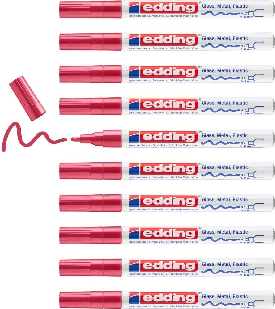 edding 751 Glanzlackmarker - rot - 10 Lackmarker - Rundspitze 1-2 mm - Lackstift für Glas, Stein, Ho