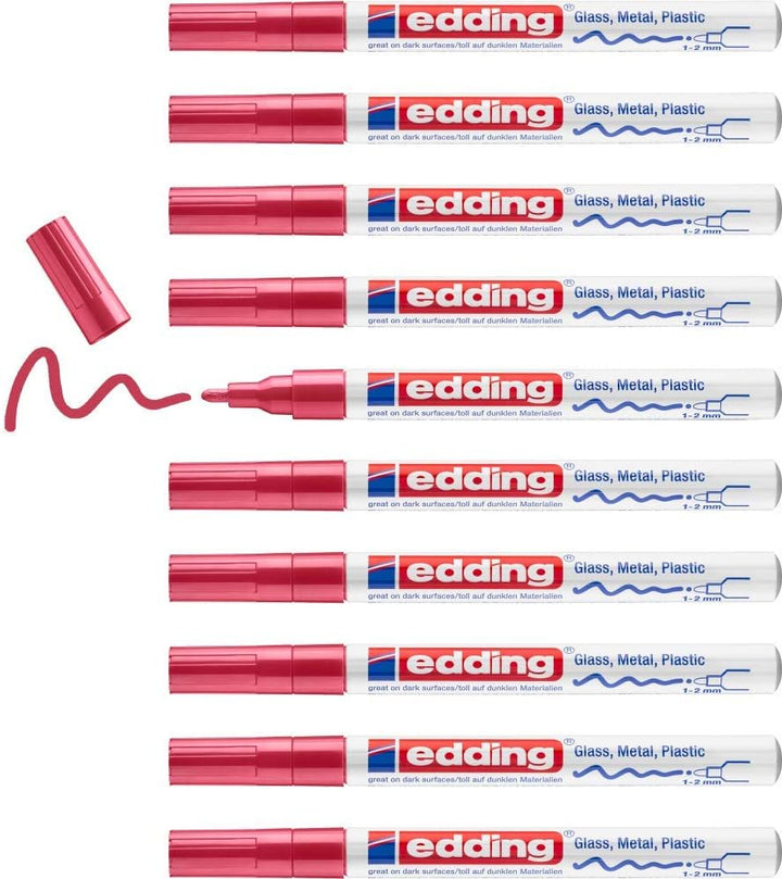 edding 751 Glanzlackmarker - rot - 10 Lackmarker - Rundspitze 1-2 mm - Lackstift für Glas, Stein, Ho