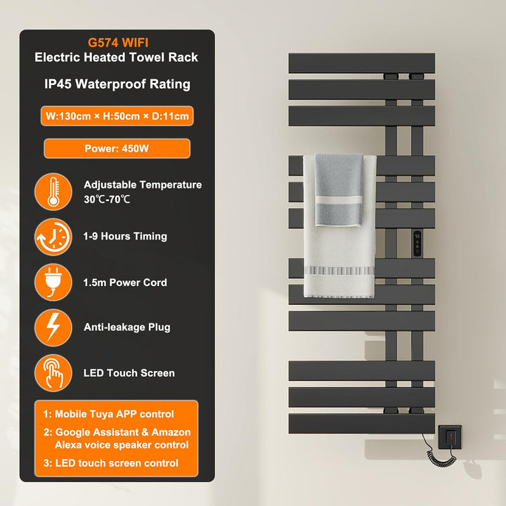 TINS Elektrischer Handtuchhalter Badheizkörper Elektrisch WiFi Schwarz 500×1300mm 450W für Alexa und