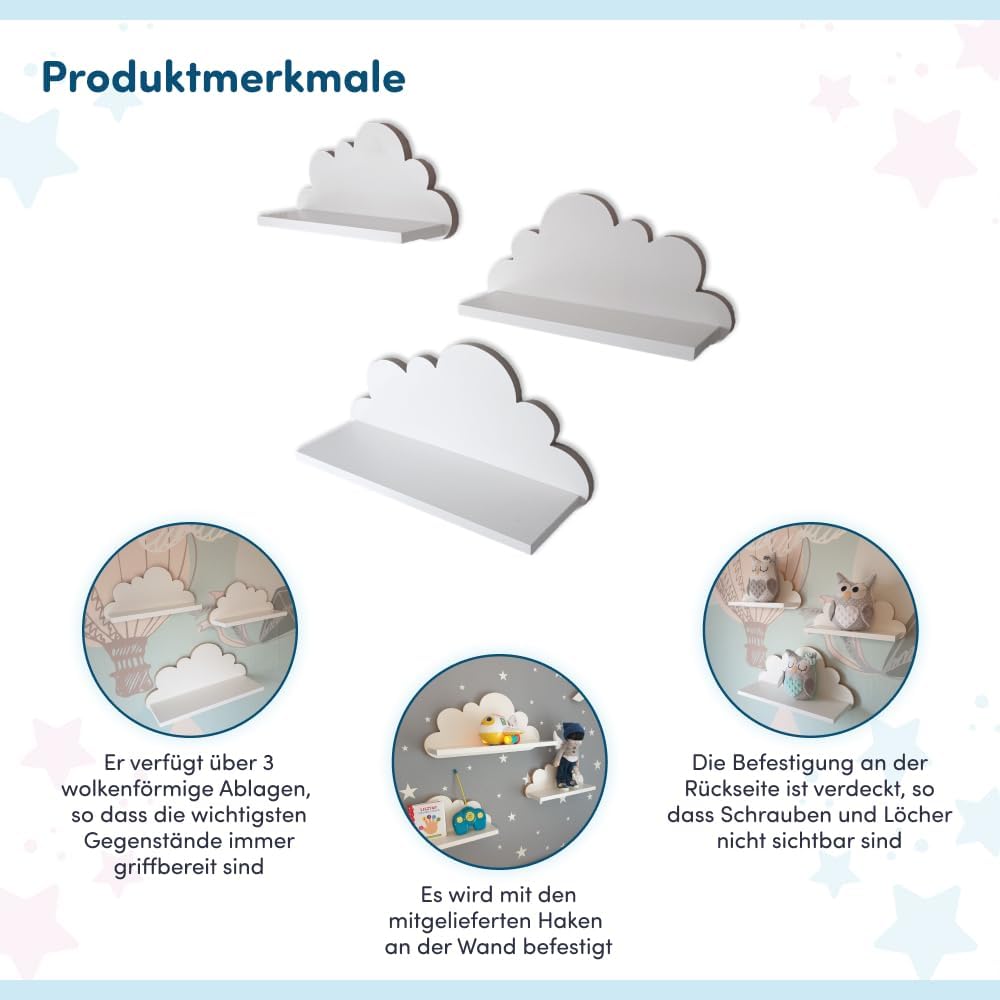 3er Set Wandregal Kinderzimmer Weiss | Babyzimmer Wolkenregal für Bücher, Spielzeug und Dekoration |