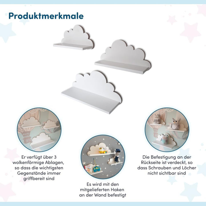 3er Set Wandregal Kinderzimmer Weiss | Babyzimmer Wolkenregal für Bücher, Spielzeug und Dekoration |