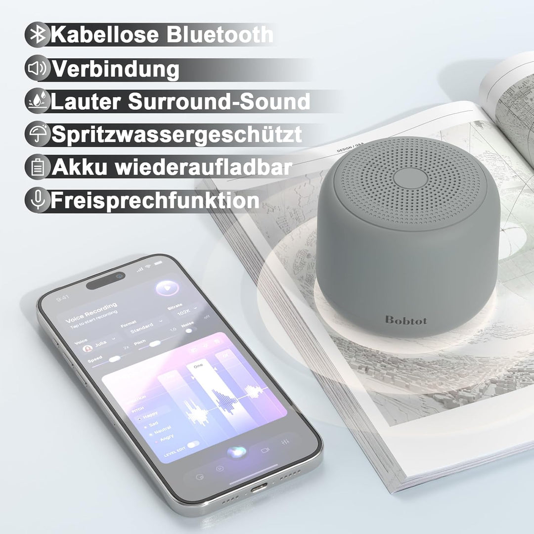 Bobtot Tragbarer Bluetooth-Lautsprecher, kabelloser wasserdichter Lautsprecher mit lautem Stereo-Sou