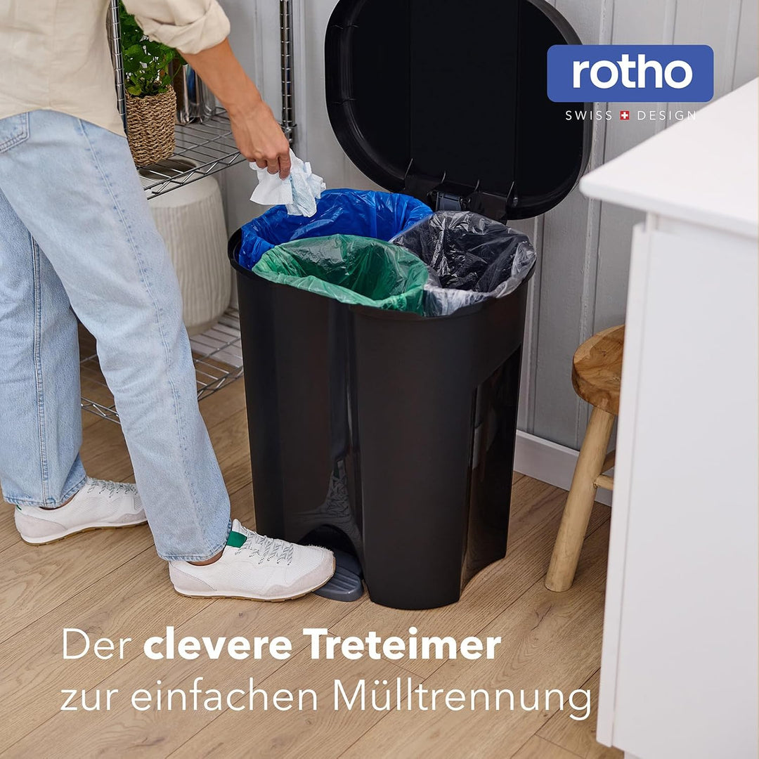 Rotho Trio Mülleimer 1x 10l + 2x 15l zur Mülltrennung mit Deckel, Kunststoff (PP) BPA-frei, schwarz,